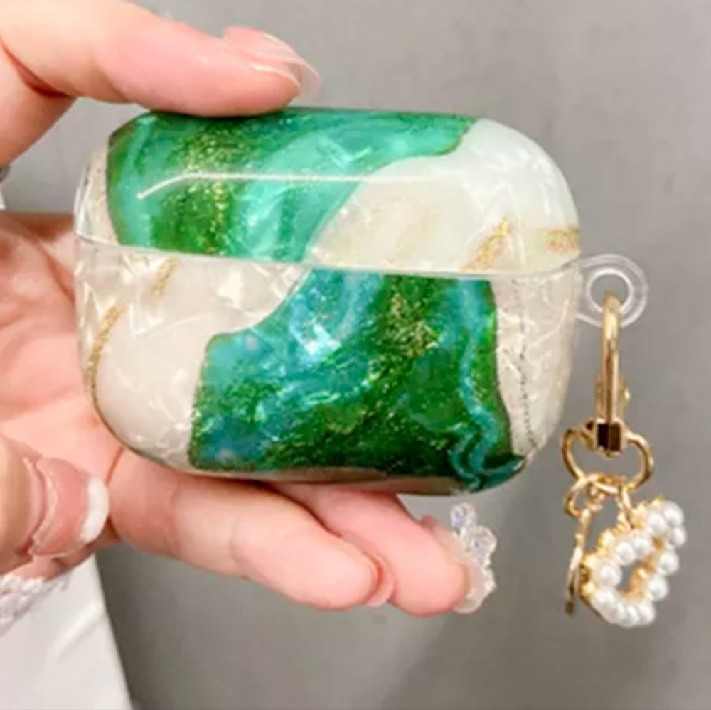Emerald Marble Shell Airpod Pro Case with Keychain